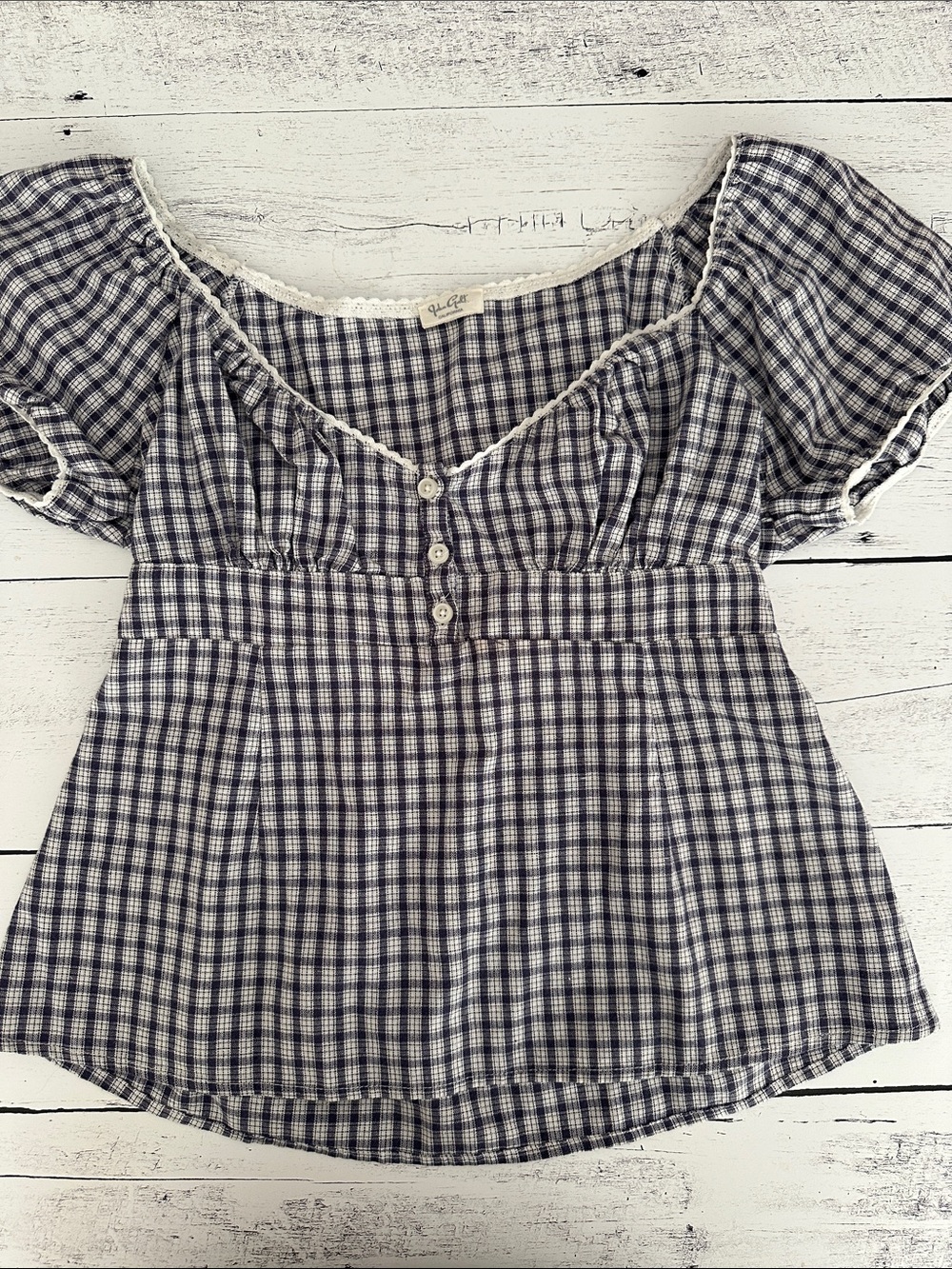 Brandy Melville Blue Plaid Puff-Sleeve Button Top
